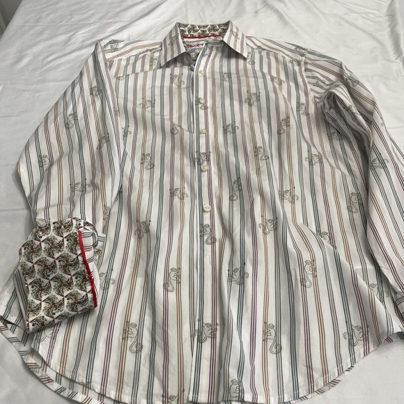 ROBERT GRAHAM MONKEY SEE Sz Med White Blue Yellow Pink Green Striped Men's Shirt - Picture 5 of 5